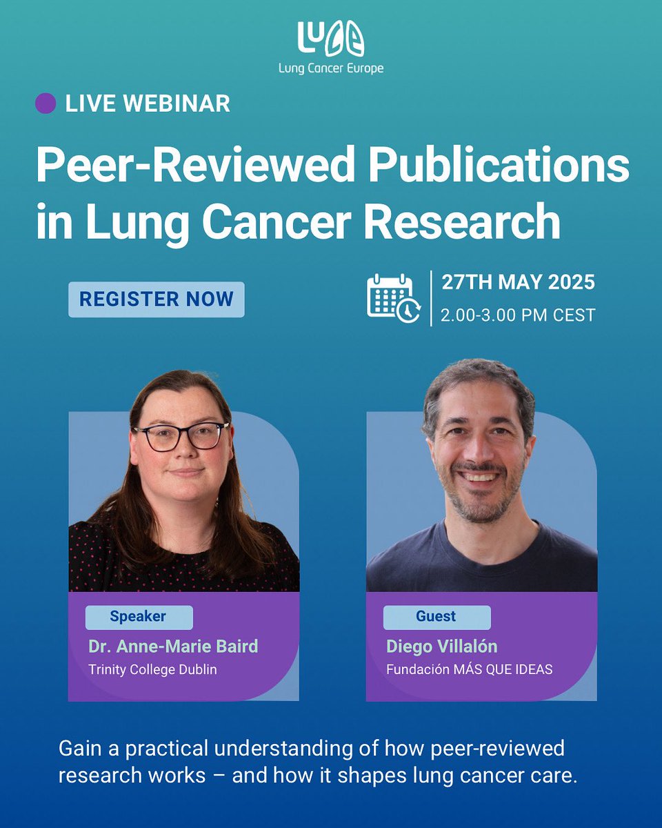 Lung Cancer Europe (@lungcancereu) on Twitter photo 📣 Free webinar 27 May, 2–3PM CEST
Understanding Peer-Reviewed Publications in #LungCancer
With Dr Anne-Marie Baird <a href="/BairdAM/">Dr Anne-Marie Baird</a> <a href="/LungCommunity/">#IrishLungCancerCommunity</a> & advocate Diego Villalón <a href="/FundacionMQI/">Fundación MÁS QUE IDEAS</a>
🔗 Register: events.teams.microsoft.com/event/663b5b9d…
#LCSM 📣 Free webinar 27 May, 2–3PM CEST
Understanding Peer-Reviewed Publications in #LungCancer
With Dr Anne-Marie Baird <a href="/BairdAM/">Dr Anne-Marie Baird</a> <a href="/LungCommunity/">#IrishLungCancerCommunity</a> & advocate Diego Villalón <a href="/FundacionMQI/">Fundación MÁS QUE IDEAS</a>
🔗 Register: events.teams.microsoft.com/event/663b5b9d…
#LCSM