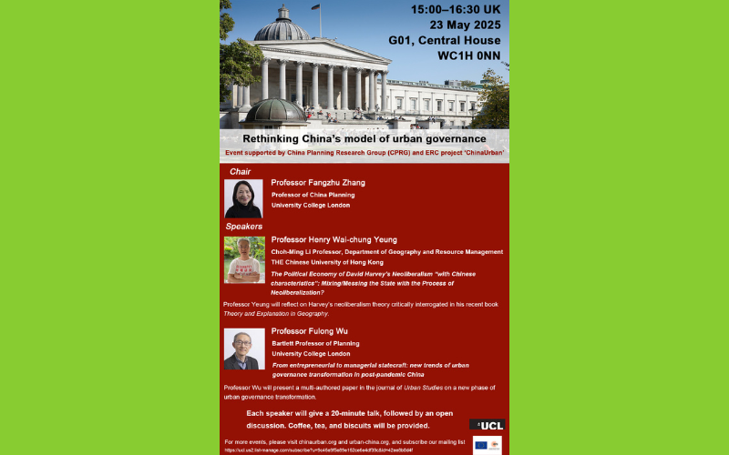 The Bartlett School of Planning (@ucl_bsp) on Twitter photo 🌏 CPRG seminar: Rethinking China’s model of urban governance
Join Profs Henry Yeung (<a href="/CUHKofficial/">The Chinese University of Hong Kong - CUHK</a>) & Fulong Wu as they share their insights on China's model of urban governance, chaired by Prof Fangzhu Zhang.
🗓️ 23 May, 3:00 pm–4:30 pm
🔗 Register: ucl.ac.uk/bartlett/event… 🌏 CPRG seminar: Rethinking China’s model of urban governance
Join Profs Henry Yeung (<a href="/CUHKofficial/">The Chinese University of Hong Kong - CUHK</a>) & Fulong Wu as they share their insights on China's model of urban governance, chaired by Prof Fangzhu Zhang.
🗓️ 23 May, 3:00 pm–4:30 pm
🔗 Register: ucl.ac.uk/bartlett/event…