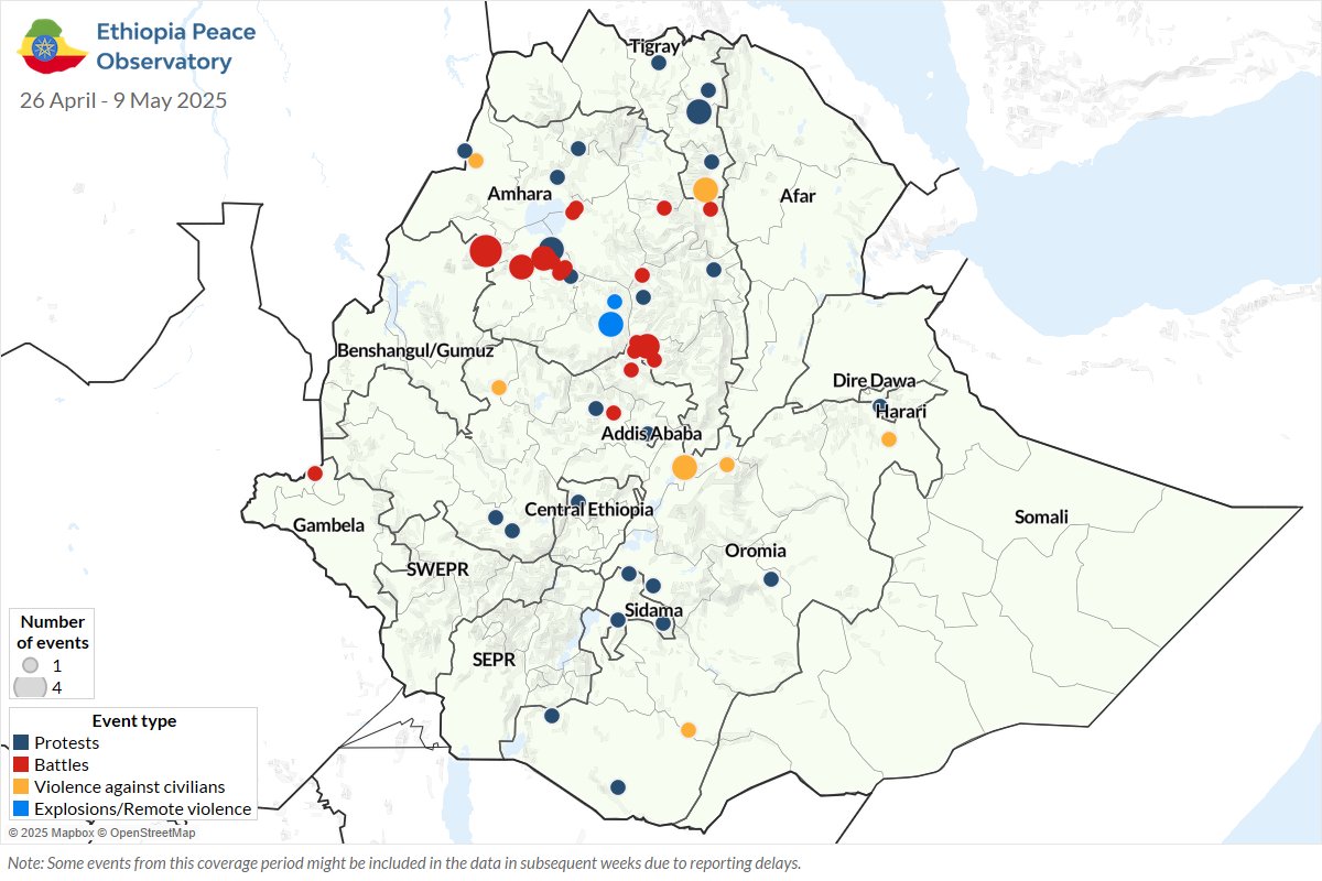 Civilians in Amhara &amp; Oromia are still facing serious threats. #ACLED recorded four abduction incidents from 26 April to 9 May — including 15 people taken from a public bus in Amhara, and several incidents in Oromia linked to various armed groups. More: epo.acleddata.com/2025/05/14/eth…