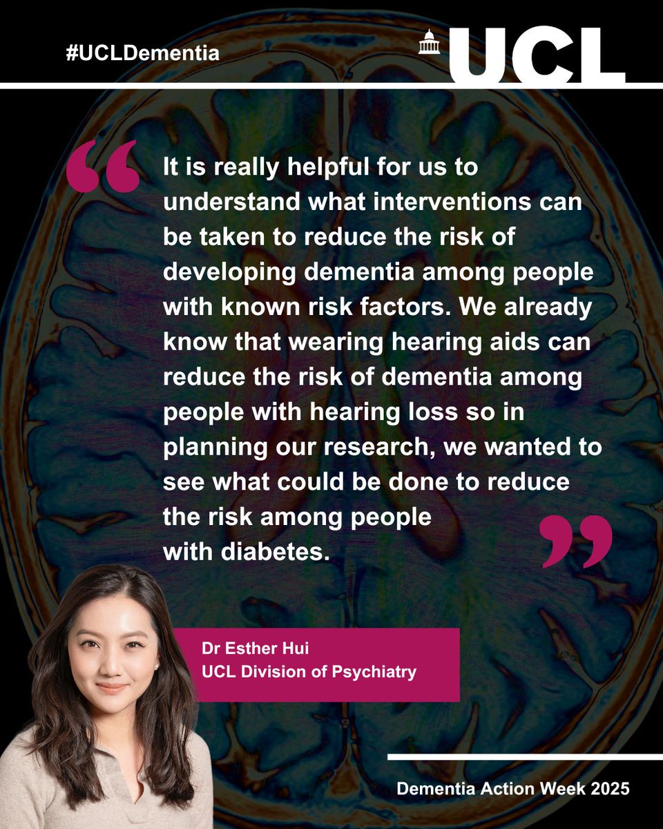 UCL Brain Sciences (@uclbrainscience) on Twitter photo Diabetes is a key risk factor for dementia. Can certain diabetes medicines reduce the risk of developing dementia for diabetes patients?
For #DementiaActionWeek, we spoke to Dr Esther Hui (<a href="/UCLPsychiatry/">UCL Psychiatry</a>, <a href="/NIHRARCs/">NIHR Applied Research Collaborations (ARCs)</a>) about her research on the topic.
▶️ buff.ly/8gKQrsm Diabetes is a key risk factor for dementia. Can certain diabetes medicines reduce the risk of developing dementia for diabetes patients?
For #DementiaActionWeek, we spoke to Dr Esther Hui (<a href="/UCLPsychiatry/">UCL Psychiatry</a>, <a href="/NIHRARCs/">NIHR Applied Research Collaborations (ARCs)</a>) about her research on the topic.
▶️ buff.ly/8gKQrsm