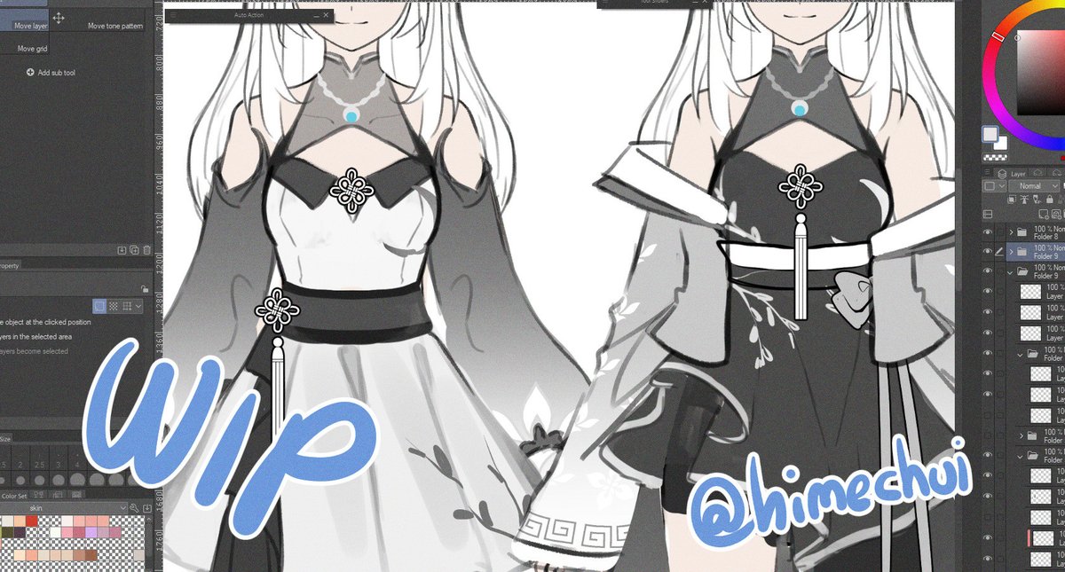 getting some outfit design, first drafts for a comm done 
greyscale for now 🧐