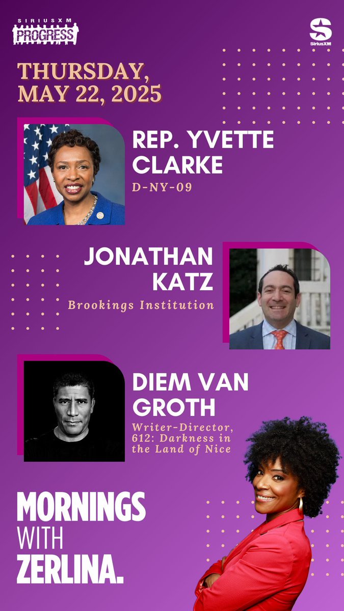 ZerlinaMornings.bsky.social (@zerlinamornings) on Twitter photo Hello Thursday! Joining Zerlina: <a href="/RepYvetteClarke/">@repyvetteclarke.bsky.social</a> of NY-09, <a href="/BrookingsInst/">The Brookings Institution</a> Anti-Corruption Democracy and Security Project Sr. Dir. <a href="/JonDKatz/">Jonathan Katz</a> + Writer-Director of 612: Darkness in the Land of Nice Diem Van Groth!
βοΈ 866-997-4748
π» <a href="/SiriusXMProg/">SiriusXMProg.bsky.social</a> Ch. 127
siriusxm.us/Zerlina Hello Thursday! Joining Zerlina: <a href="/RepYvetteClarke/">@repyvetteclarke.bsky.social</a> of NY-09, <a href="/BrookingsInst/">The Brookings Institution</a> Anti-Corruption Democracy and Security Project Sr. Dir. <a href="/JonDKatz/">Jonathan Katz</a> + Writer-Director of 612: Darkness in the Land of Nice Diem Van Groth!
βοΈ 866-997-4748
π» <a href="/SiriusXMProg/">SiriusXMProg.bsky.social</a> Ch. 127
siriusxm.us/Zerlina