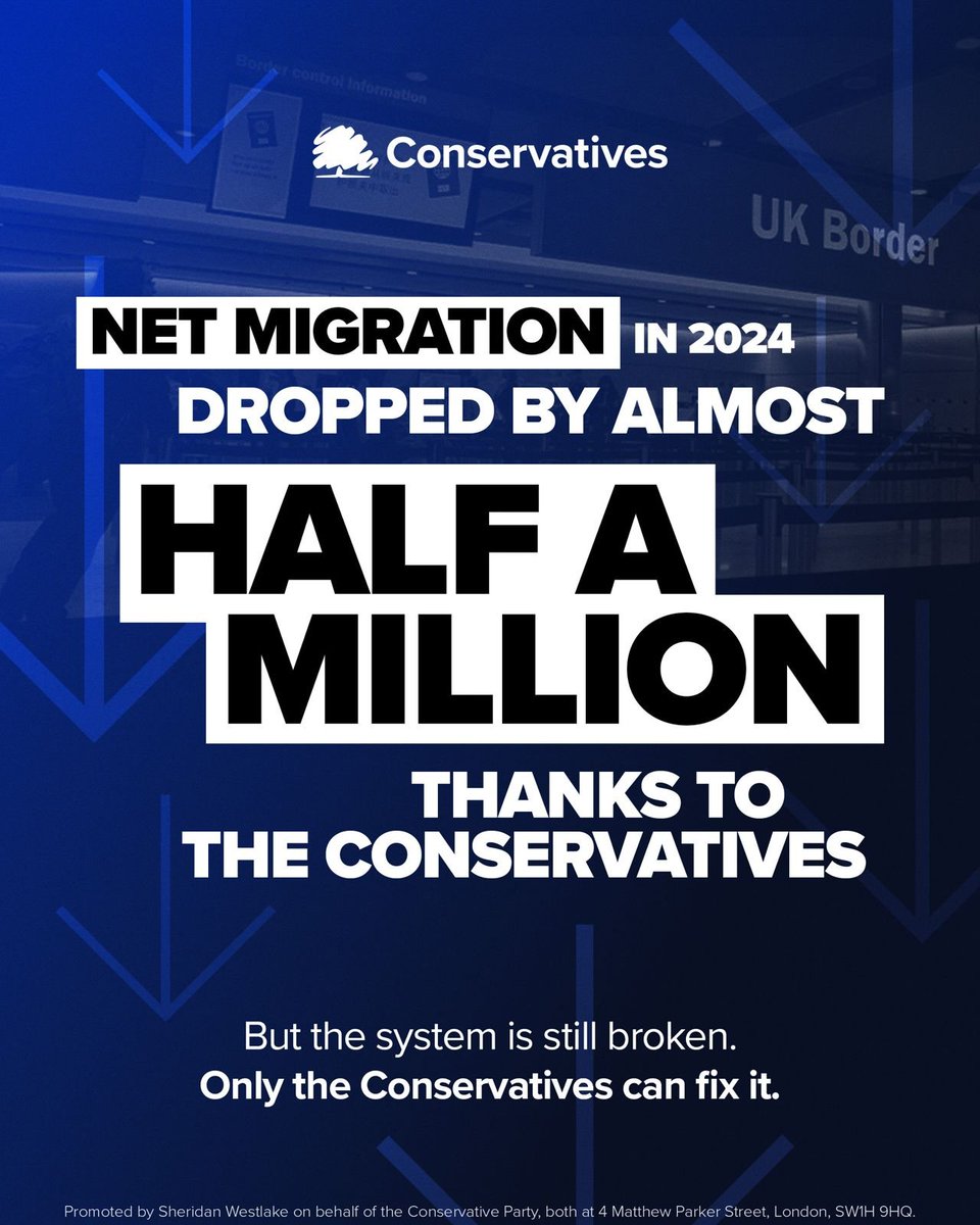 Conservatives (@conservatives) on Twitter photo BREAKING: Thanks to the bold action we took in government, net migration dropped by almost half a million in 2024.
But Britain’s immigration system is still broken. It has been for decades. Under <a href="/KemiBadenoch/">Kemi Badenoch</a>’s leadership, we’ll fix it. BREAKING: Thanks to the bold action we took in government, net migration dropped by almost half a million in 2024.
But Britain’s immigration system is still broken. It has been for decades. Under <a href="/KemiBadenoch/">Kemi Badenoch</a>’s leadership, we’ll fix it.