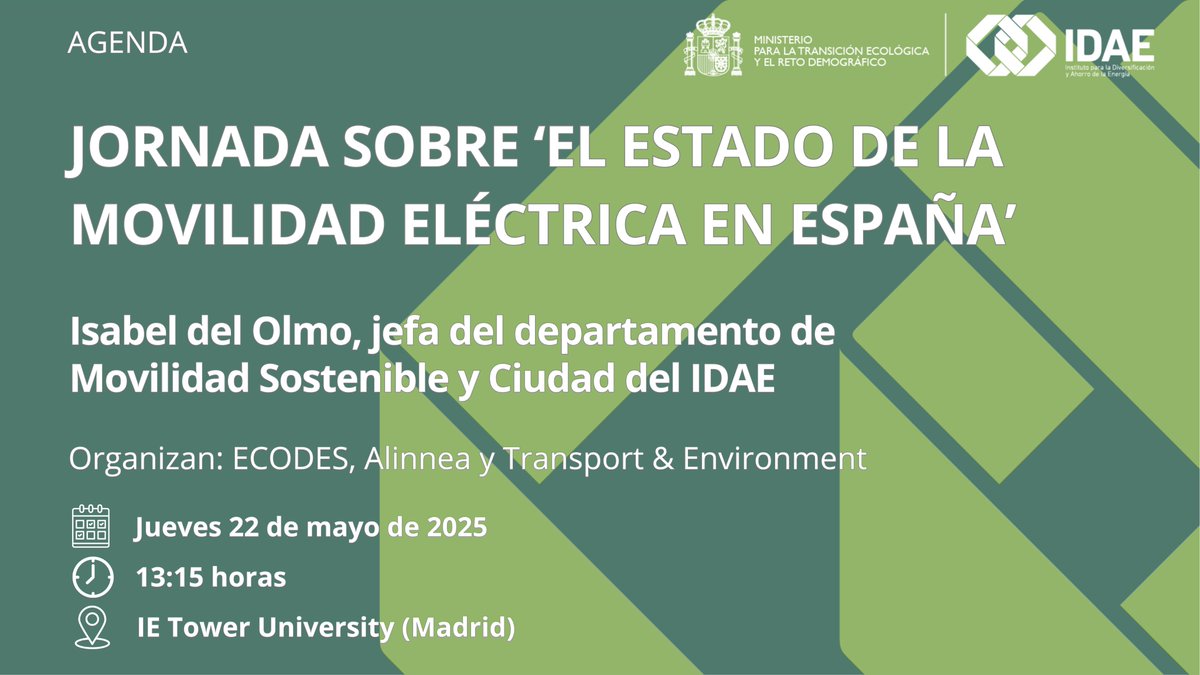 La jefa del departamento de Movilidad Sostenible del #IDAE, <a href="/isabeldelolmo/">Isabel del Olmo</a>, participa en una mesa redonda en la jornada 'El estado de la movilidad eléctrica en España'

Organizan <a href="/ecodes/">ECODES</a>, Alinnea y Transport &amp; Environment

🗓️ Hoy, jueves
🕒13:15 h.
📍IE Tower University (Madrid)