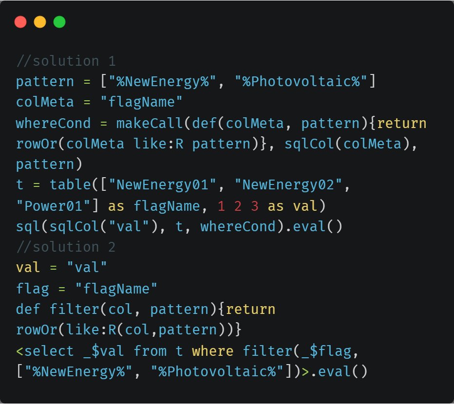 DolphinDB_Comm's tweet image. ⏰How to query strings by specifying multiple matching patterns using #DolphinDB metaprogramming?
There are two ways to achieve this:
Function-based metaprogramming
Macro-variable-based metaprogramming
#Metaprogramming #WhereClause