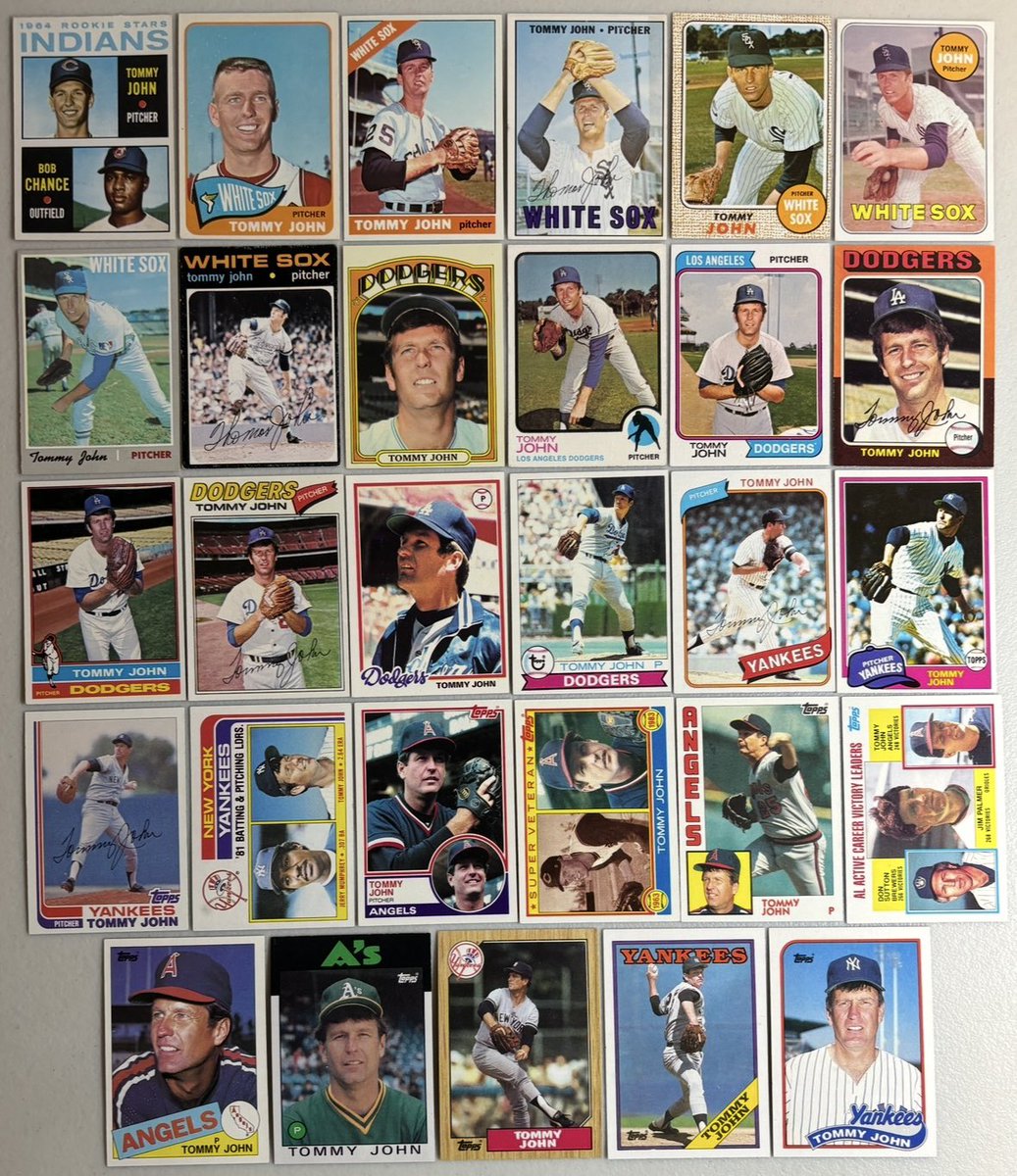 Happy birthday (82) Tommy John. He won 288 games &amp; was the first pitcher to return from UCL surgery that now bears his name. John appeared for the losing team in 3 straight Yankees/Dodgers World Series (77,78,81). Here is a complete run of his Topps base cards.