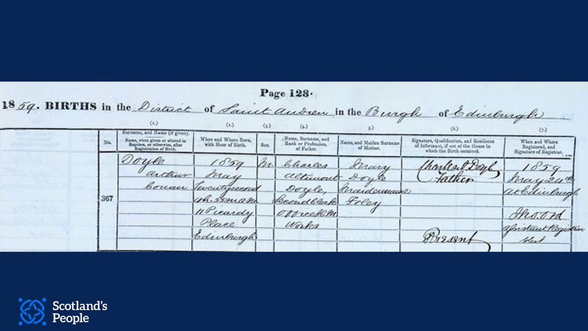 Birth entry of Sherlock Holmes author Arthur Conan Doyle, born 22 May 1859 at Picardy Place, Edinburgh.

Our guidance can help you with your own detective work.

Learn more 👇

scotlandspeople.gov.uk/help-and-suppo…