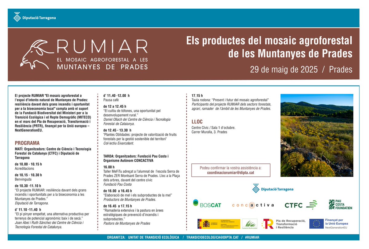 CTFC (@ctforestal) on Twitter photo 📅El 29 de maig a #Prades, en el marc del #projecteRumiar
🐐Els productes del mosaic agroforestal de les Muntanyes de Prades
Inscripcions a: coordinaciorumiar@dipta.cat
<a href="/FBiodiversidad/">Fundación Biodiversidad</a> <a href="/mitecogob/">Transición Ecológica y Reto Demográfico</a> #ProyectosPRTR #PlanDeRecuperación #NextGenerationEU #RUMIAR 📅El 29 de maig a #Prades, en el marc del #projecteRumiar
🐐Els productes del mosaic agroforestal de les Muntanyes de Prades
Inscripcions a: coordinaciorumiar@dipta.cat
<a href="/FBiodiversidad/">Fundación Biodiversidad</a> <a href="/mitecogob/">Transición Ecológica y Reto Demográfico</a> #ProyectosPRTR #PlanDeRecuperación #NextGenerationEU #RUMIAR