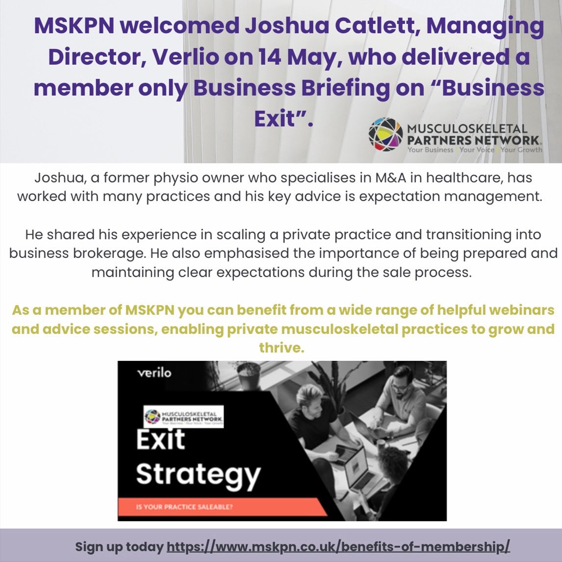 MSKPN welcomed Joshua Catlett, Managing Director, Verlio who delivered a member only Business Briefing on “Business Exit”.  

Sign up today mskpn.co.uk/benefits-of-me…