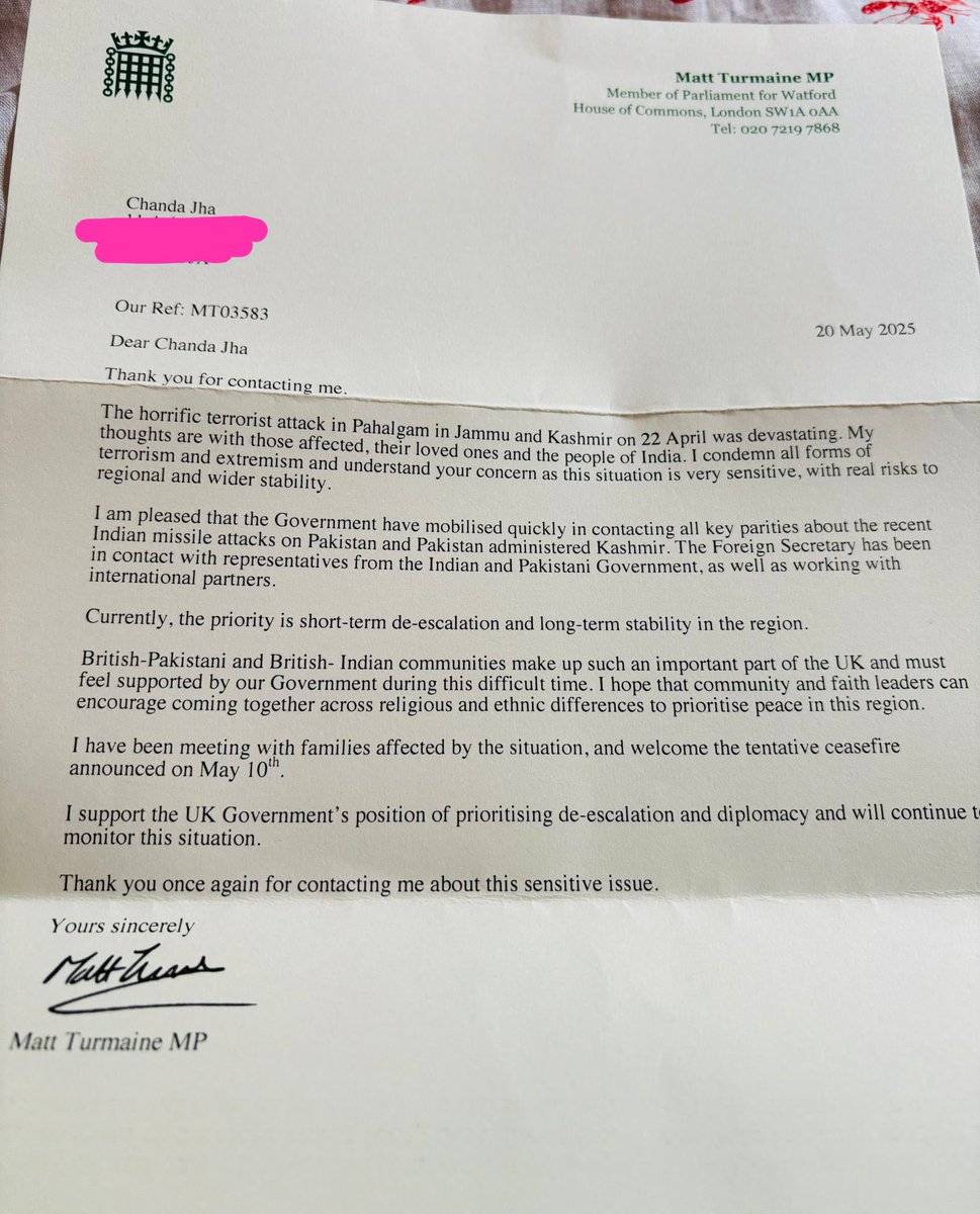 vastushash11's tweet image. Thank you @MattTurmaine my local MP for this acknowledgement and positive response in regards to my Email sent to you about #PahalgamTerroristAttack on innocent Hindus 🙏🏻🙏🏻💐