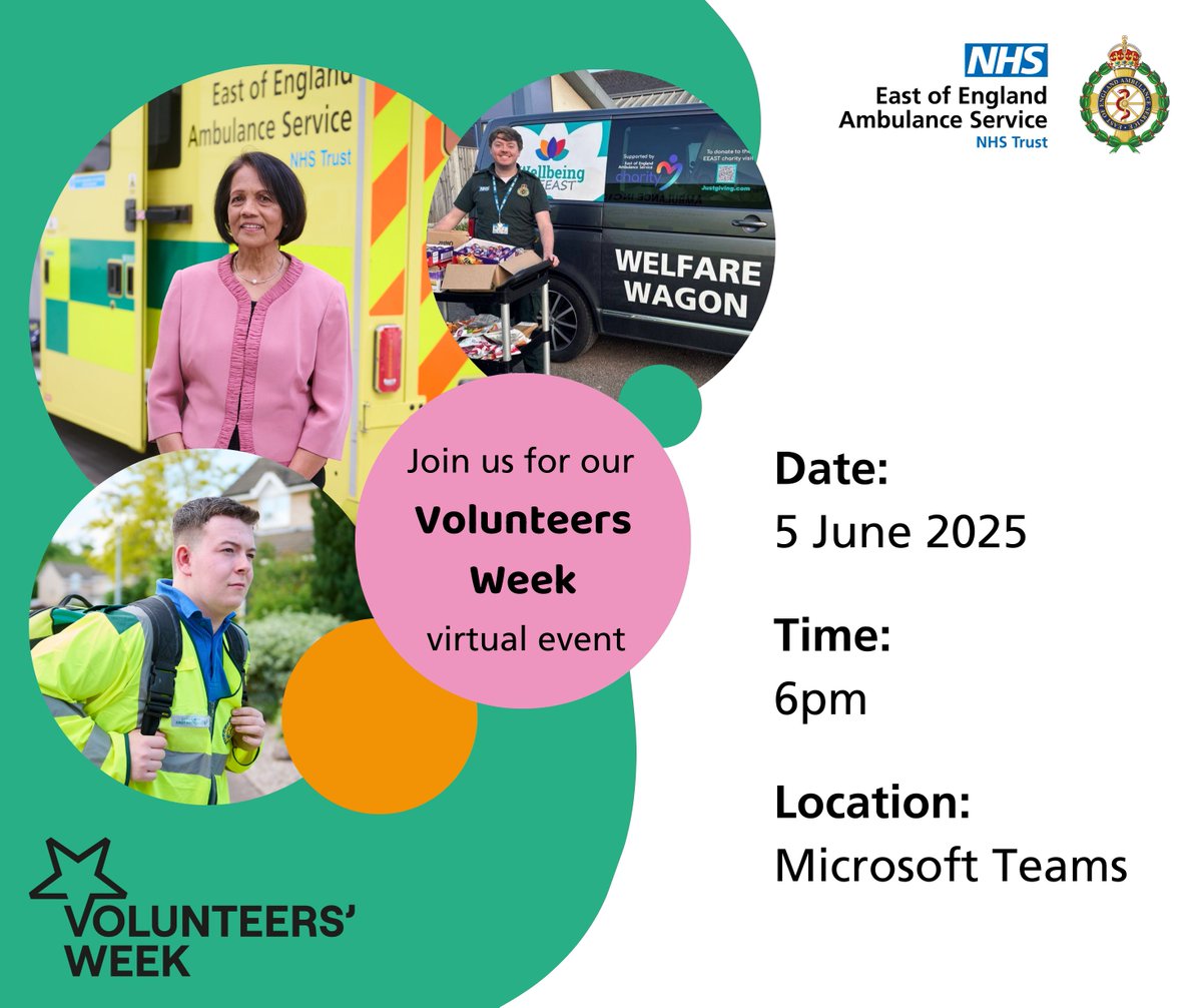 Interested in volunteering for #TeamEEAST?

Join us for our virtual event during Volunteers’ Week to find out more about the different roles available and what they involve!

📅 Thursday 5 June
⏰ 6pm
📍 Microsoft Teams

Express your interest: forms.office.com/Pages/Response…