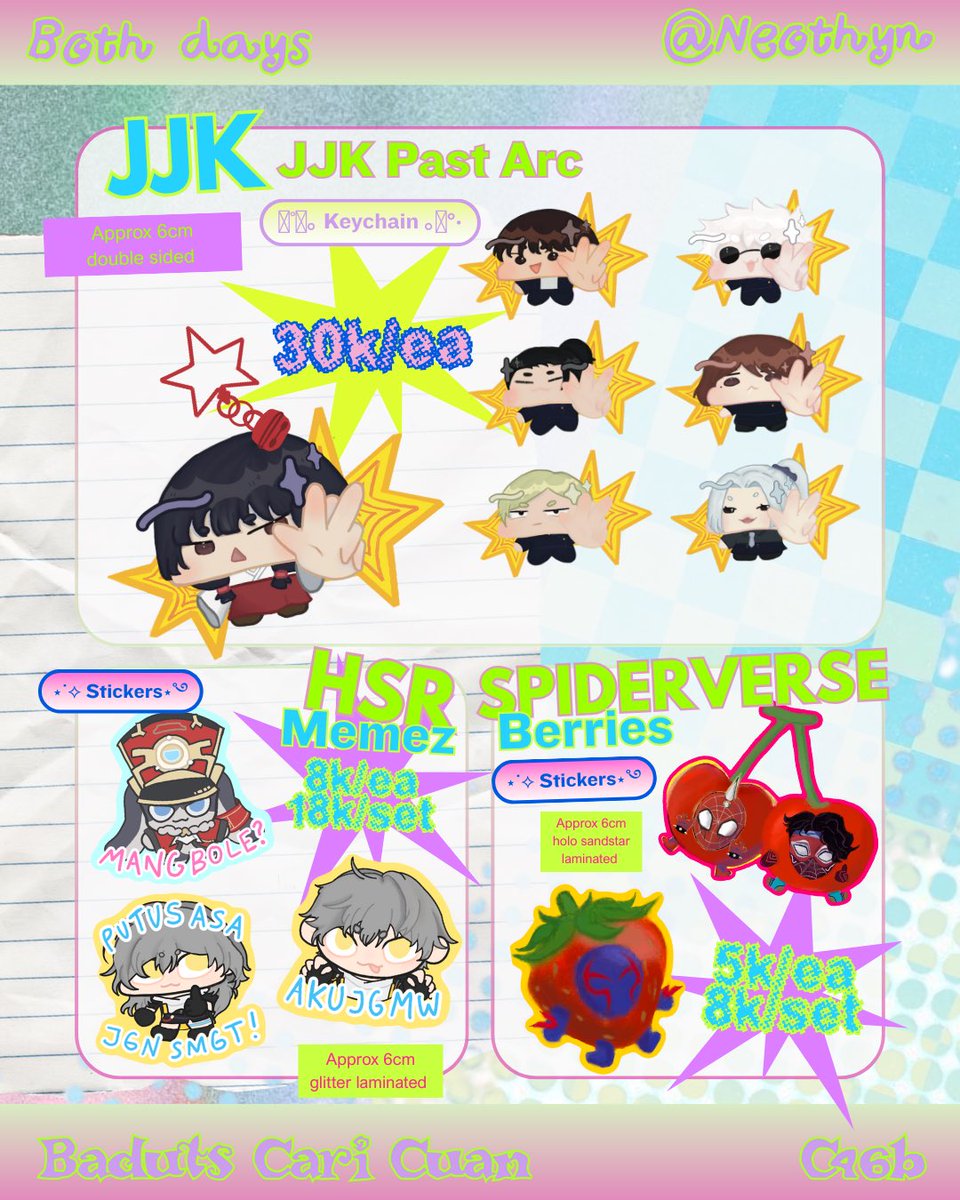 ˚₊‧꒰ა ❤️ &amp; 🔁 are highly appreciated ໒꒱ ‧₊˚

neothyn's final #cfxx catalouge

📍 C46b (Baduts Cari Cuan)
📆 24-25 may (Both days !!)
‼️ HSR, CRK, TBHX, JJK, TGSWIIWAGAA, Spiderverse

hope to see you there !!

#cfxx #cf20 #comifuroxx #comifuro20 #CFXXcatalouge