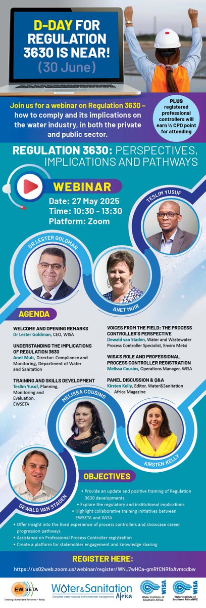 infrastructure4's tweet image. 💧 Don’t miss this important #webinar on Regulation 3630 – what it means for the water sector and how to stay compliant.

🗓 27 May 2025 | ⏰ 10h30–13h30 | 📍 Zoom
🎓 ½ CPD point for process controllers!
🔗 Register: t.ly/Ockdu

#WaterIndustry #WaterRegulation #CPD