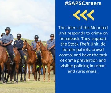 SAPoliceService's tweet image. #sapsDYK The #MountedUnit is used as a force multiplier in various areas due to the fact that they have certain advantages over the standard patrol vehicles used in policing. #SAPSEmployerOfChoice #SAPSCareers #TakeAchildToWork. NP