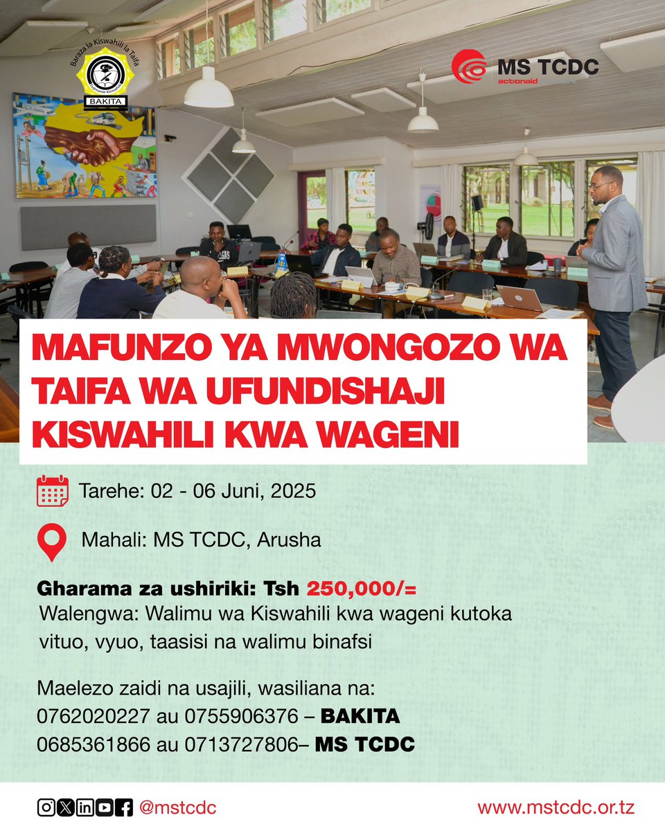 MS TCDC Arusha (@mstcdc) on Twitter photo Baraza la Kiswahili la Taifa (BAKITA) kwa kushirikiana na MS Training Centre for Development Cooperation (MS TCDC) linakaribisha walimu wa Kiswahili kwa wageni
kushiriki mafunzo ya Mwongozo wa Kufundishia Kiswahili kwa Wageni.
<a href="/bakita_tz/">Baraza la Kiswahili la Taifa - BAKITA</a> Baraza la Kiswahili la Taifa (BAKITA) kwa kushirikiana na MS Training Centre for Development Cooperation (MS TCDC) linakaribisha walimu wa Kiswahili kwa wageni
kushiriki mafunzo ya Mwongozo wa Kufundishia Kiswahili kwa Wageni.
<a href="/bakita_tz/">Baraza la Kiswahili la Taifa - BAKITA</a>