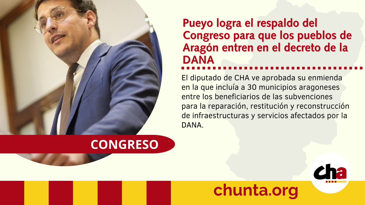 🔴Acabamos de lograr el respaldo del Congreso para que 30 pueblos de Aragón, sobre todo turolenses, entren en el decreto de subvenciones para la reparación, restitución y reconstrucción de infraestructuras y servicios afectados DANA.

chunta.org/pueyo-logra-el…