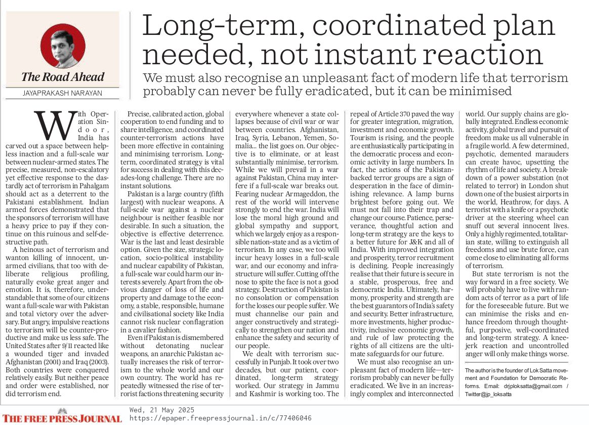 Long-term, coordinated plan needed, not instant reaction | 21st May 2025 | The Road Ahead | Free Press Journal 

Read the online version here - epaper.freepressjournal.in/4011885/Free-P… 

#OperationSindoor