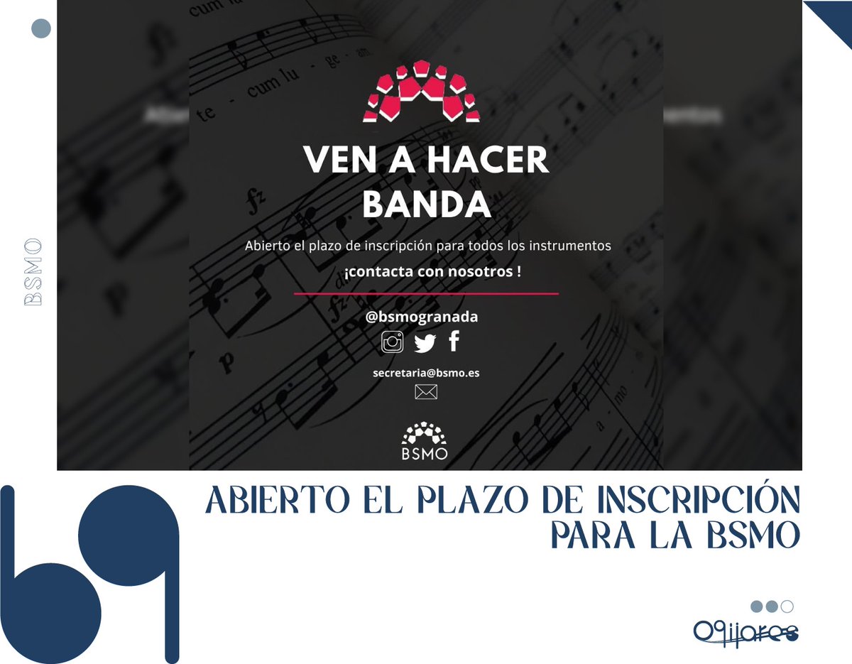 🎶 ¡Forma parte de la BSMO! 🎺

🎵 La Banda Sinfónica Municipal de Ogíjares abre sus puertas a tod@s los que quieran unirse a compartir su talento, aprender, divertirse y hacer nuevas amistades.

📩 Contacta en <a href="/BSMOgranada/">BSMO Banda Sinfónica Municipal de Ogíjares</a>  o por correo secretaria@bsmo.es