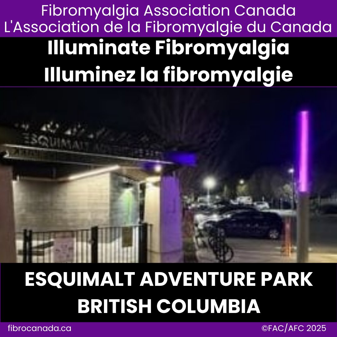 fibrocanada's tweet photo. Thank you @TownshipEsquimalt for lighting Esquimalt Adventure Park purple on May 12 for Fibromyalgia Awareness Day

Fibromyalgia affects how the brain processes pain, making even mild sensations feel intense. It’s often invisible, but deeply felt

You help #FAC #MakeFibroVisible https://t.co/ZACl2QE0YM
