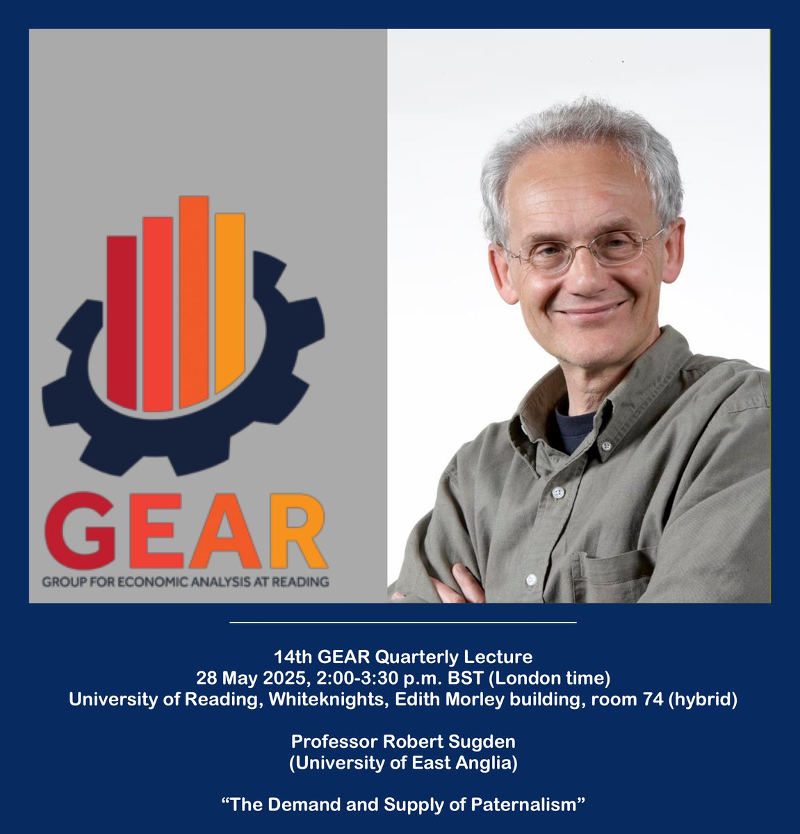 AlexMihailov65's tweet image. Our 14th GEAR Quarterly Lecture (free & hybrid) will be given by Prof Robert Sugden, Uni of East Anglia, on 28 May 2025, & is on “The Demand & Supply of Paternalism”. Details & links to all previous GEAR QL recordings are available via:
research.reading.ac.uk/economics/grou…
@RoyalEconSoc