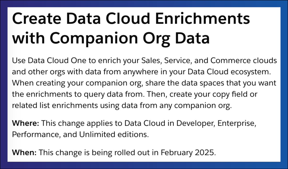 Unify your customer experience!
Data Cloud One lets you enrich every org—Sales, Service, Commerce, and more—with real-time data from anywhere in your ecosystem.

Learn how: sforce.co/3SaH5mP