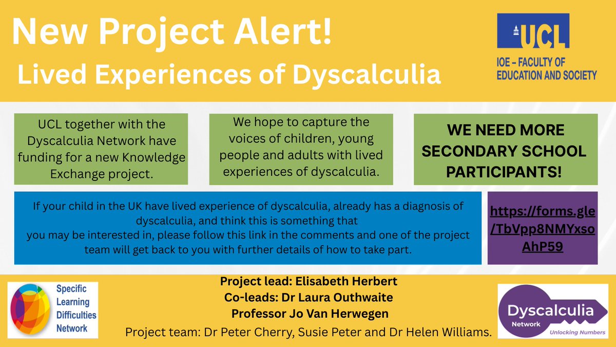 DyscalculiaNet1's tweet image. We have had a fantastic response to our research project, especially from adults - THANK YOU!
We do need some more Secondary school aged pupils, though, with a diagnosis of dyscalculia to take part.
forms.gle/TbVpp8NMYxsoAh…
#Dyscalculia #research
