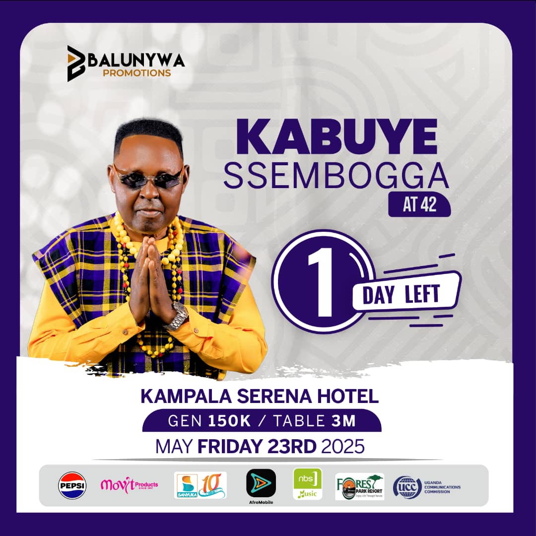 afromobileug's tweet photo. Just 1 day left! Celebrate 42 years of Kabuye Ssembogga’s legendary music journey at Kampala Serena Hotel. Enjoy an unforgettable night of thrilling performances. 
@Balunywa_Pro 

Grab your ticket now!
#KabuyeAt42 #AfroMobileUG https://t.co/wL1gncmTUr
