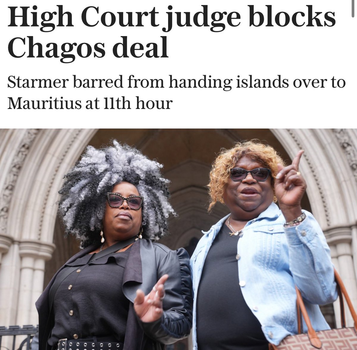 WOW. CHAGOS THWARTED - another humiliation for the Prime Minister.

The unknown heroes of the day — two Chagossian women Bertice Pompe (left) and Bernadette Dugasse.

What a David vs Goliath story. 

This will be Starmer’s “Boris” moment.