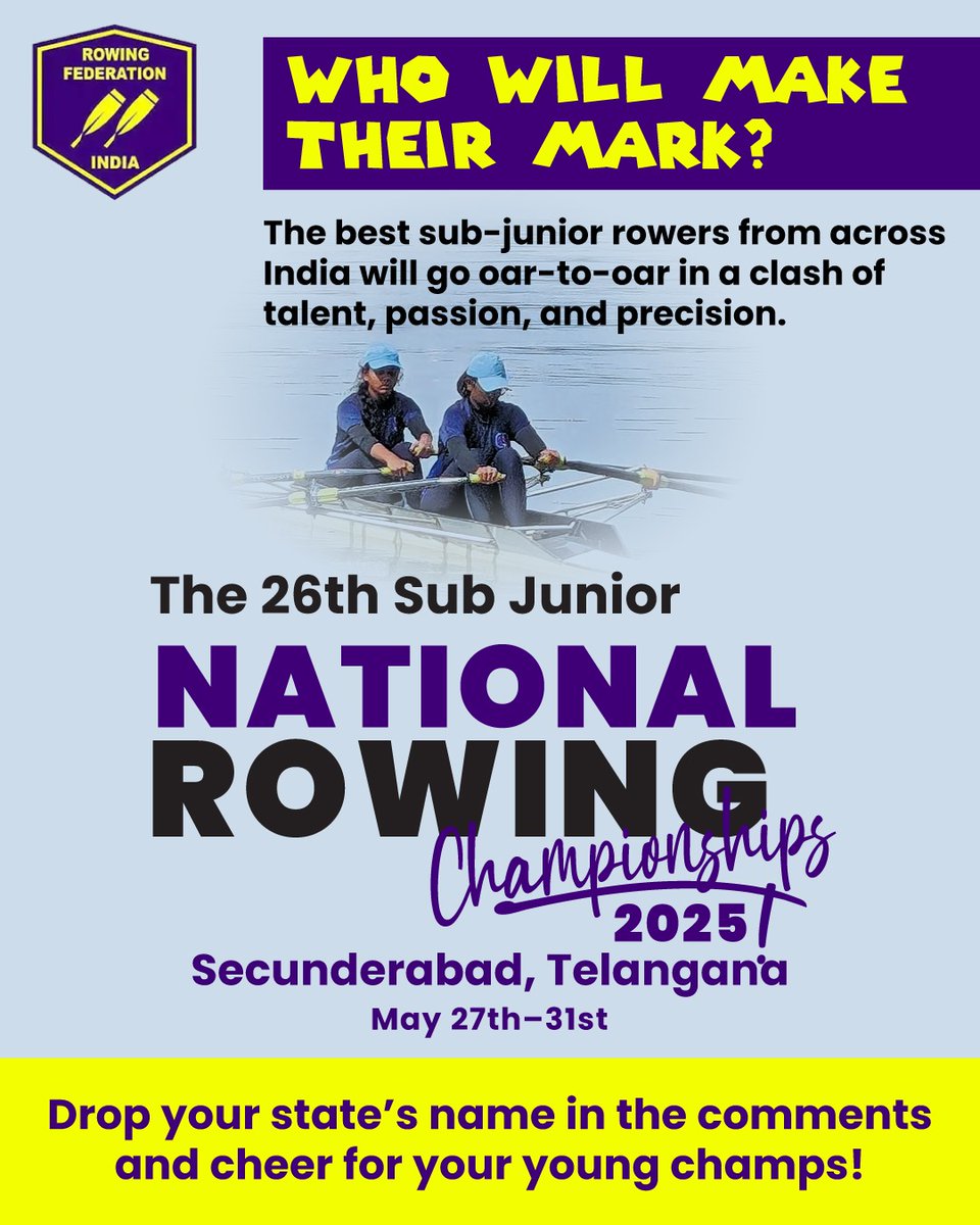 Calm waters, deep strength. At the 26th Sub Junior National Rowing Champs, young warriors row with will &amp; passion. 🏆 May 27-31, Secunderabad. Drop your state &amp; cheer! #Rowing2025 #YoungChampions