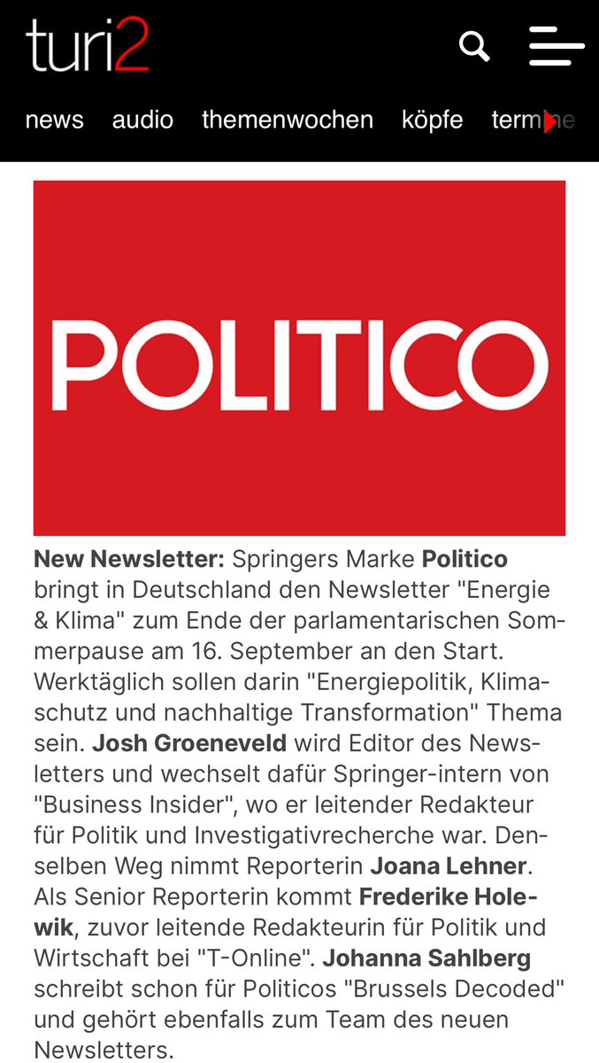 Jürgen Klöckner (@herrkloeckner) on Twitter photo Next Step bei Politico: Wir starten am 16.9. unseren zweiten Pro-Newsletter Energie & Klima mit einem großartigen Team und <a href="/Josh_Groeneveld/">Josh Groeneveld</a> <a href="/fholewik/">Frederike Holewik</a> <a href="/JoanaAvion/">Joana Lehner</a> <a href="/SahlbergJohanna/">Johanna Sahlberg</a> 🎉 🎉 🎉 Wir freuen uns sehr auf euch und darauf, dass es endlich losgeht <a href="/GordonRepinski/">Gordon Repinski</a>
👉 Hier Next Step bei Politico: Wir starten am 16.9. unseren zweiten Pro-Newsletter Energie & Klima mit einem großartigen Team und <a href="/Josh_Groeneveld/">Josh Groeneveld</a> <a href="/fholewik/">Frederike Holewik</a> <a href="/JoanaAvion/">Joana Lehner</a> <a href="/SahlbergJohanna/">Johanna Sahlberg</a> 🎉 🎉 🎉 Wir freuen uns sehr auf euch und darauf, dass es endlich losgeht <a href="/GordonRepinski/">Gordon Repinski</a>
👉 Hier