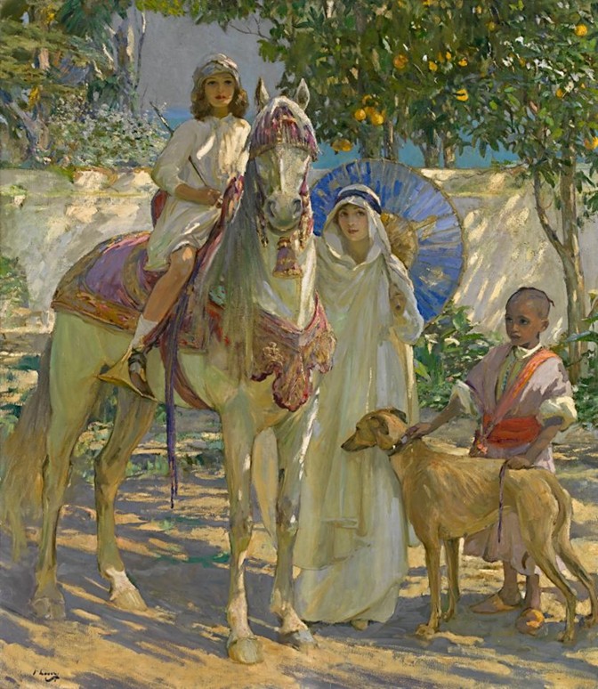 artinsociety's tweet photo. From one of his frequent expeditions to North Africa ~ the versatile Irish artist John Lavery’s ‘In Morocco’ (1913), with his daughter Alice astride elderly white battle-steed Lily-Beau, accompanied by his wife Hazel (National Gallery of Victoria) https://t.co/e6hv8ZcLuz