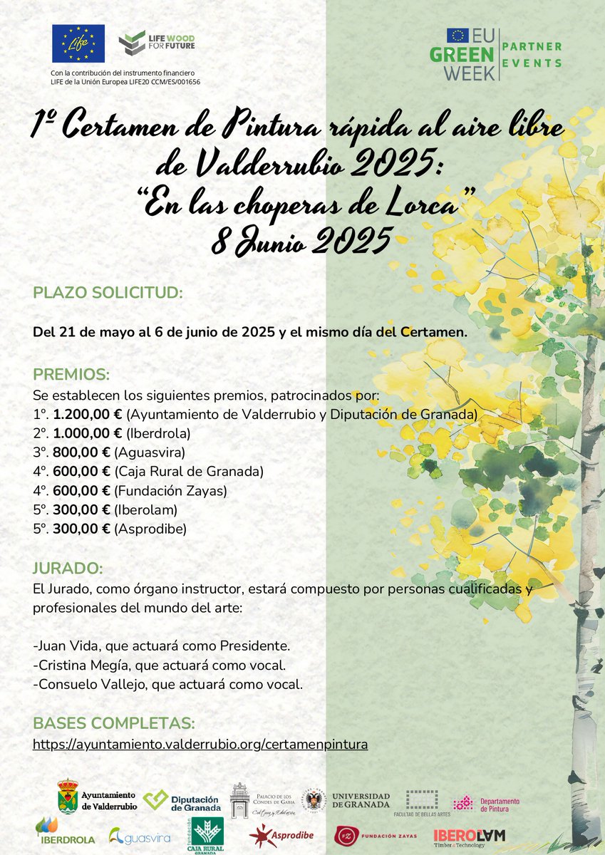 woodforfuture's tweet image. 🎨🌳 I Certamen de Pintura Rápida “En las choperas de Lorca”
🗓️ 8 de junio | 📍 Valderrubio
💰 Premios hasta 1.200 €
🖌️ Inscripción: 21 mayo–6 junio y el mismo día
🔗 Bases: ayuntamiento.valderrubio.org/certamenpintura
Con el apoyo de @woodforfuture 🌱 #LIFEProgramme #LIFEproject