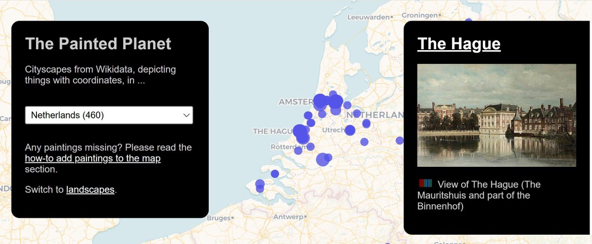 The Painted Planet maps places shown in famous artworks — using Wikidata for metadata + location: hicsuntleones.nl/paintedplanet/… 

Inspired? Submit a story by 6 June to showcase your use of Wikidata: 
wikidata.org/wiki/Wikidata:… 

#WikidataStories #ArtData