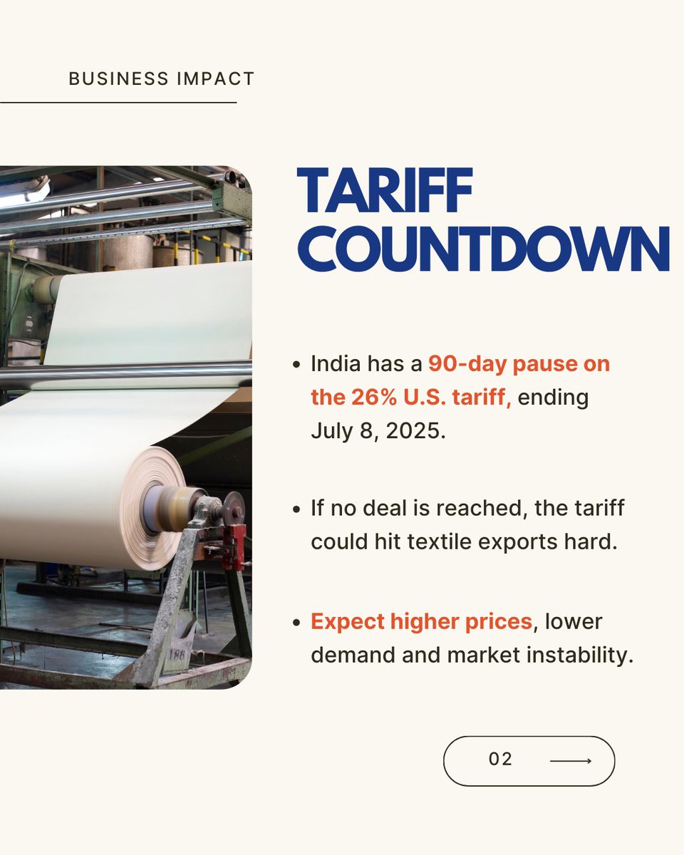 dexlerenergy's tweet photo. 90-Day Tariff Pause — What’s Your Next Move?

But the future remains uncertain, with potential challenges ahead. 

Don’t wait for risks to impact your business — take proactive steps now to secure your profits and stay competitive.

#TextileIndustry #USIndiaTrade #TariffPause https://t.co/YCBcDThZIG