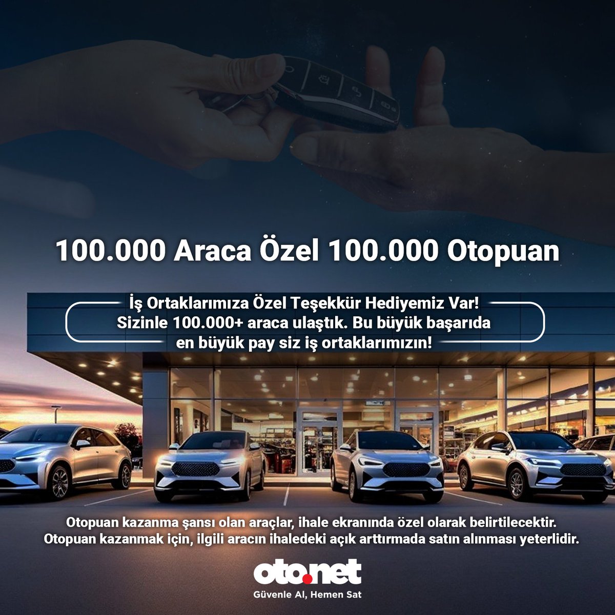 Sizinle 100.000+ araca ulaştık. Bu büyük başarıda payınız büyük. Bugün Otonet'e giriş yapan iş ortaklarımızı özel sürprizler bekliyor! 

Otopuan kazanma şansı olan araçlar, ihale ekranında özel olarak belirtilecektir. 

Detaylar oto.net

#otonet #100000araç