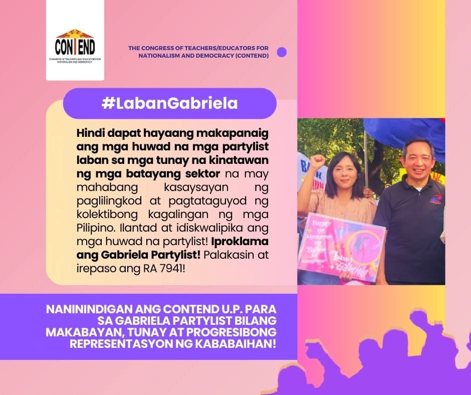 Tumitindig ang CONTEND kasama ng Gabriela Women's Party! Basahin at i-share natin ang pahayag hinggil sa eleksyon at tunay na representasyon ng kababaihan:

facebook.com/photo/?fbid=11…

#LabanGabriela
#Halalan2025
#46GabrielaWomensParty