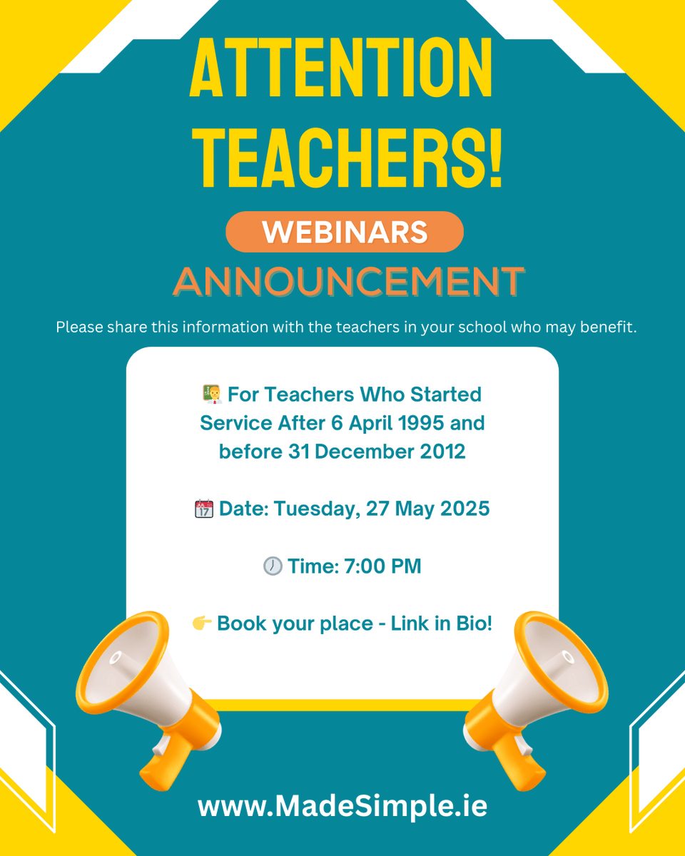 Teachers’ Pension Scheme Webinar For Teachers Who Started Service After 6 April 1995 and before 31 December 2012

📆 Date: Tuesday, 27 May 2025

🕖 Time: 7:00 PM

👉 Book your place - Visit madesimple.ie/resources/ or go directly to:

us02web.zoom.us/webinar/regist…