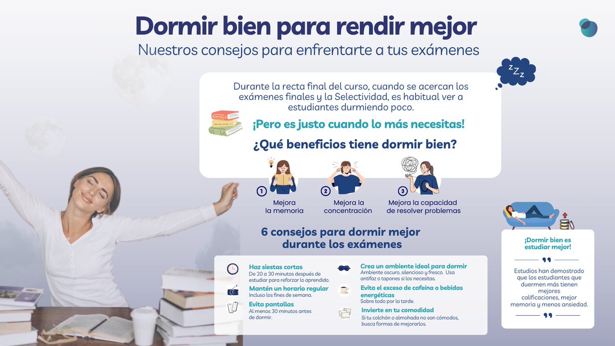 ¿Sabías que dormir bien puede ser tu mejor estrategia para sacar mejores notas?  Dormir mejora tu memoria, concentración y rendimiento. Sigue nuestros 7 consejos y recuerda: ¡Dormir bien es estudiar mejor!  #AdSalutem #SueñoYRendimiento