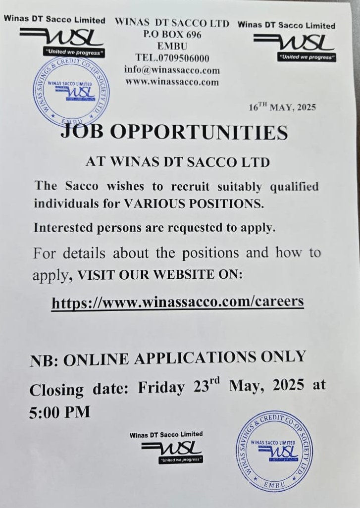Jambo! As we get to the closing date 23rd May 2025, have you applied?
Check out the details on our website winassacco.com/careers
NB: Online applications only.
#UnitedWeProgress