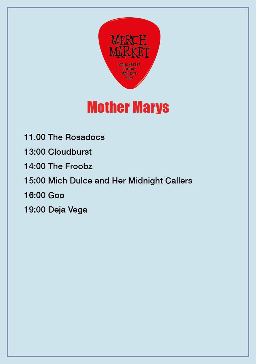 Tim Burgess (@tim_burgess) on Twitter photo Some fantastic bands on at Mother Marys this Sunday at The Merch Market….
<a href="/_CLOUDBURST__/">CLOUDBURST</a> <a href="/TherosadocsUK/">The Rosadocs</a> <a href="/dejavegaband/">Déjà Vega</a> <a href="/thefroobz/">The Froobz</a>
<a href="/michdulce/">Mich Dulce</a> & Her Midnight Callers <a href="/2headedhorse/">Two Headed Horse</a> & Goo
Free entry for everything watsn.social/themerchmarket Some fantastic bands on at Mother Marys this Sunday at The Merch Market….
<a href="/_CLOUDBURST__/">CLOUDBURST</a> <a href="/TherosadocsUK/">The Rosadocs</a> <a href="/dejavegaband/">Déjà Vega</a> <a href="/thefroobz/">The Froobz</a>
<a href="/michdulce/">Mich Dulce</a> & Her Midnight Callers <a href="/2headedhorse/">Two Headed Horse</a> & Goo
Free entry for everything watsn.social/themerchmarket