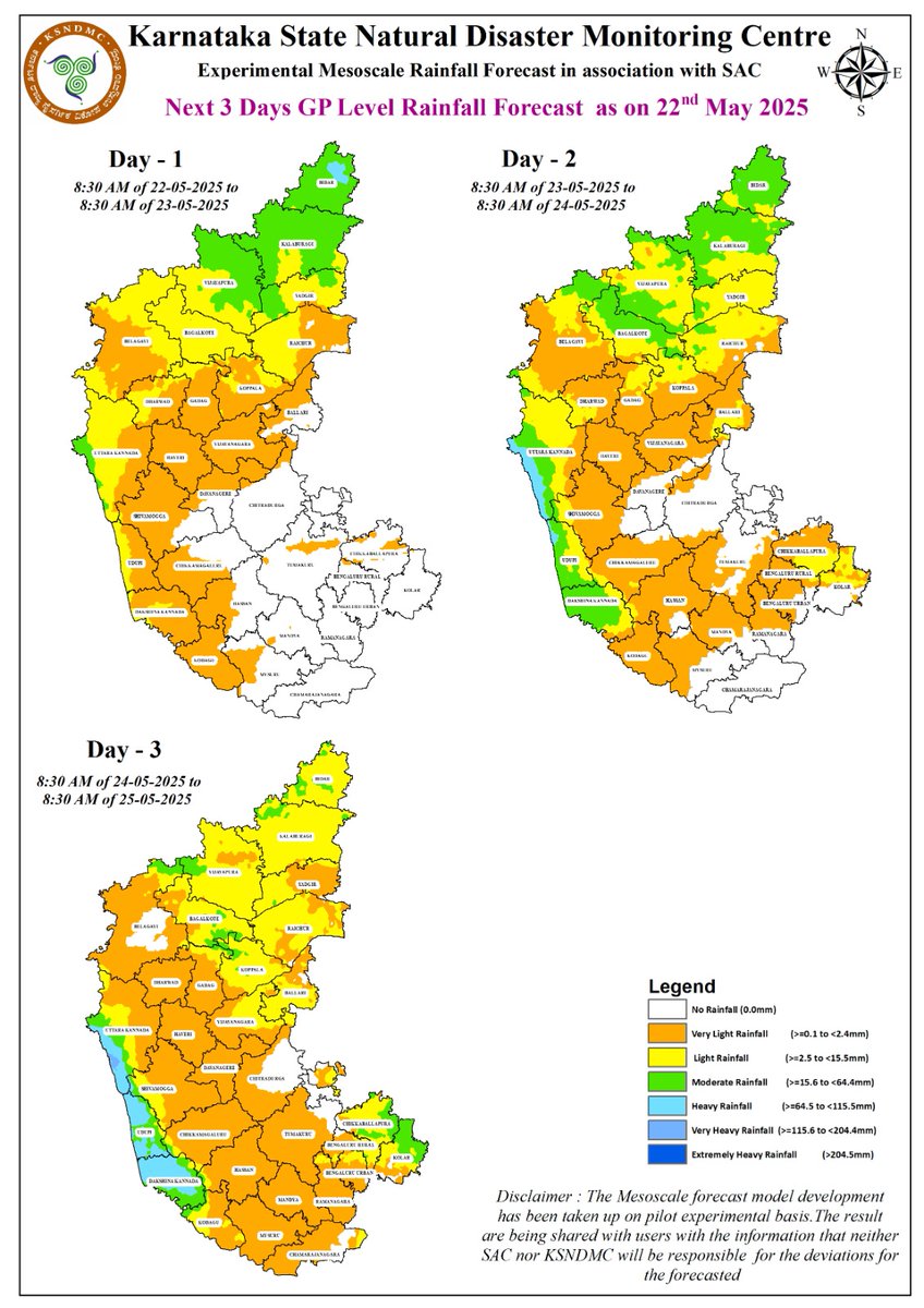KarnatakaSNDMC's tweet photo. 22.05.2025 ರಂತೆ ರಾಜ್ಯದ ಮುಂದಿನ ಮೂರು ದಿನಗಳ #ಮಳೆ #ಮುನ್ಸೂಚನೆ ನಕ್ಷೆಗಳು.
#ಬೇಸಿಗೆಮಳೆ #ವಸಂತಮಳೆ #ಪೂರ್ವಮುಂಗಾರು #KarnatakaRains
#Rainfall #Forecast Maps for the next three days as of 22.05.2025.
#thunderstorms #summerrains #PreMonsoon #nature #SpringRains #hailstorm
@KarnatakaVarthe https://t.co/A2VQ2cxEPn