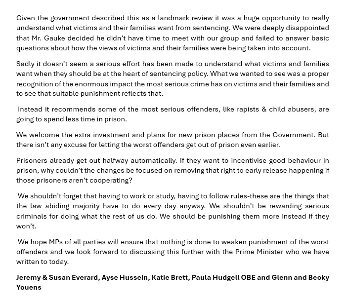 The Independent Sentencing Review has nothing to say about what victims and families want to see when it comes to proper punishment. Deeply disappointing.  Our full response