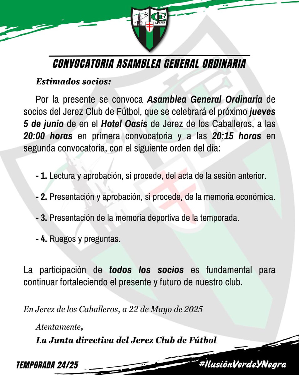 📢 COMUNICADO de la CONVOCATORIA ANUAL DE LA ASAMBLEA GENERAL ORDINARIA de socios.
🗓️ 5 de junio de 2025
⏰ 20:00 en 1ª convocatoria 
⏰ 20:15 en 2ª convocatoria