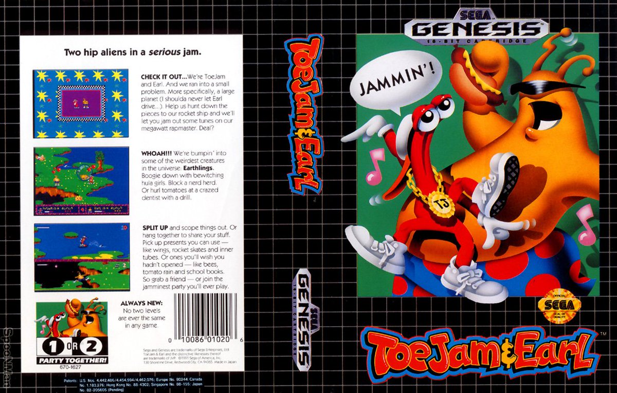 matthewhenzel's tweet image. Which is better, Toejam &amp;amp; Earl #Genesis or #MegaDrive box art?
@SEGA @toejamandearl #VGOScans I will say that I love the larger spine TJ&amp;amp;E logo on the MD art. The JPN MD front border, and back image also enhances the 90s vibe!