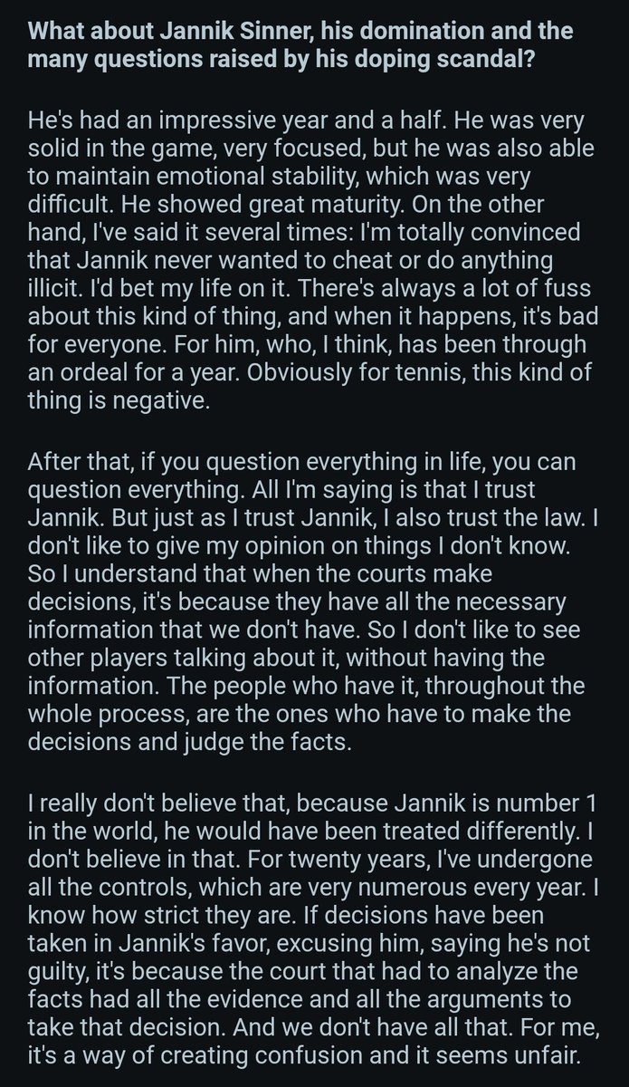 Never expected Nadal to defend Jannik with long ass paragraphs &amp; a 'I'd bet my life on it' line thrown in between. 😭