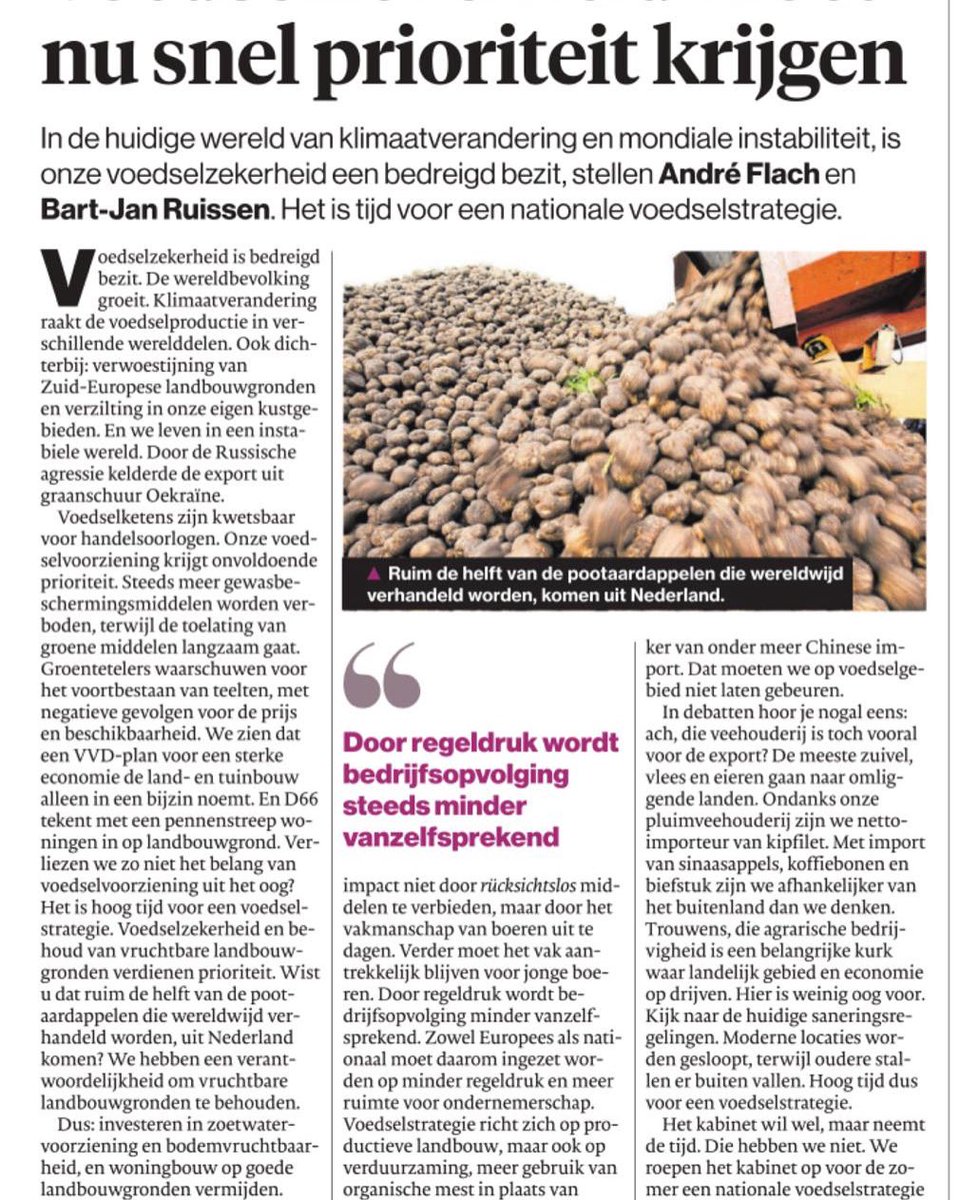 Vandaag in het <a href="/ADnl/">AD.nl</a> : 
Opiniebijdrage samen met <a href="/hjaruissen/">Bert-Jan Ruissen (SGP EP)</a> over het belang van voedselzekerheid. Door het verdwijnen van steeds meer gewasbescherming, strenge regelgeving en geopolitieke spanningen staat dit onder druk. De <a href="/SGPnieuws/">SGP</a> wil dat dit prioriteit krijgt.