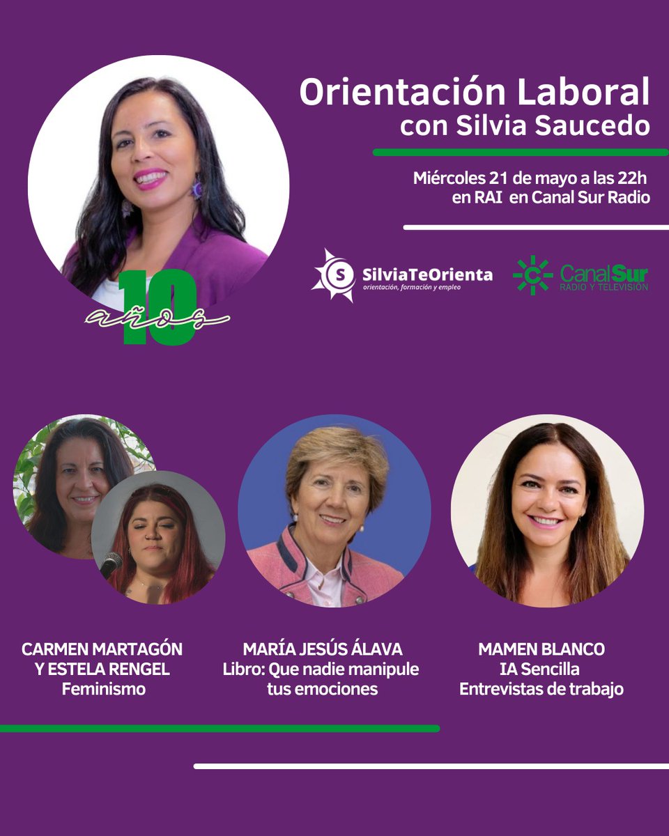 Orientación Laboral en Radio Andalucía Información (@orientacion_csr) on Twitter photo Podcast de #OrientaciónLaboral de #SilviaTeOrienta
🟣 <a href="/CarmenMartag/">CARMEN MARTAGÓN</a> y <a href="/Butterflied/">Estela R.G. 🏳️🌈(L)</a> #UnaCitaCon el feminismo
🟣 <a href="/SaucedoSilv/">Silvia Saucedo</a> y <a href="/mjalavareyes/">Mª Jesús Álava Reyes</a> #LibroRecomendado Que nadie manipule tus emociones
🟣 Mamen Blanco #IASencilla entrevistas de trabajo
canalsur.es/radio/programa… Podcast de #OrientaciónLaboral de #SilviaTeOrienta
🟣 <a href="/CarmenMartag/">CARMEN MARTAGÓN</a> y <a href="/Butterflied/">Estela R.G. 🏳️🌈(L)</a> #UnaCitaCon el feminismo
🟣 <a href="/SaucedoSilv/">Silvia Saucedo</a> y <a href="/mjalavareyes/">Mª Jesús Álava Reyes</a> #LibroRecomendado Que nadie manipule tus emociones
🟣 Mamen Blanco #IASencilla entrevistas de trabajo
canalsur.es/radio/programa…