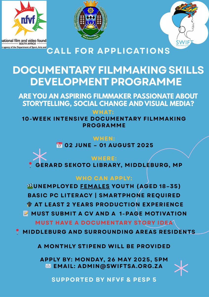 ￼
￼
 [Filmmaker Learners - Call for Application] 
￼
 Documentary Filmmaking Skills Development Programme

Who can apply?
 Unemployed females (age 18 - 35)
 Basic PC Literacy / Smart Phone required
 At least two years production experience

Deadline? Details in the poster. 👇🏾
