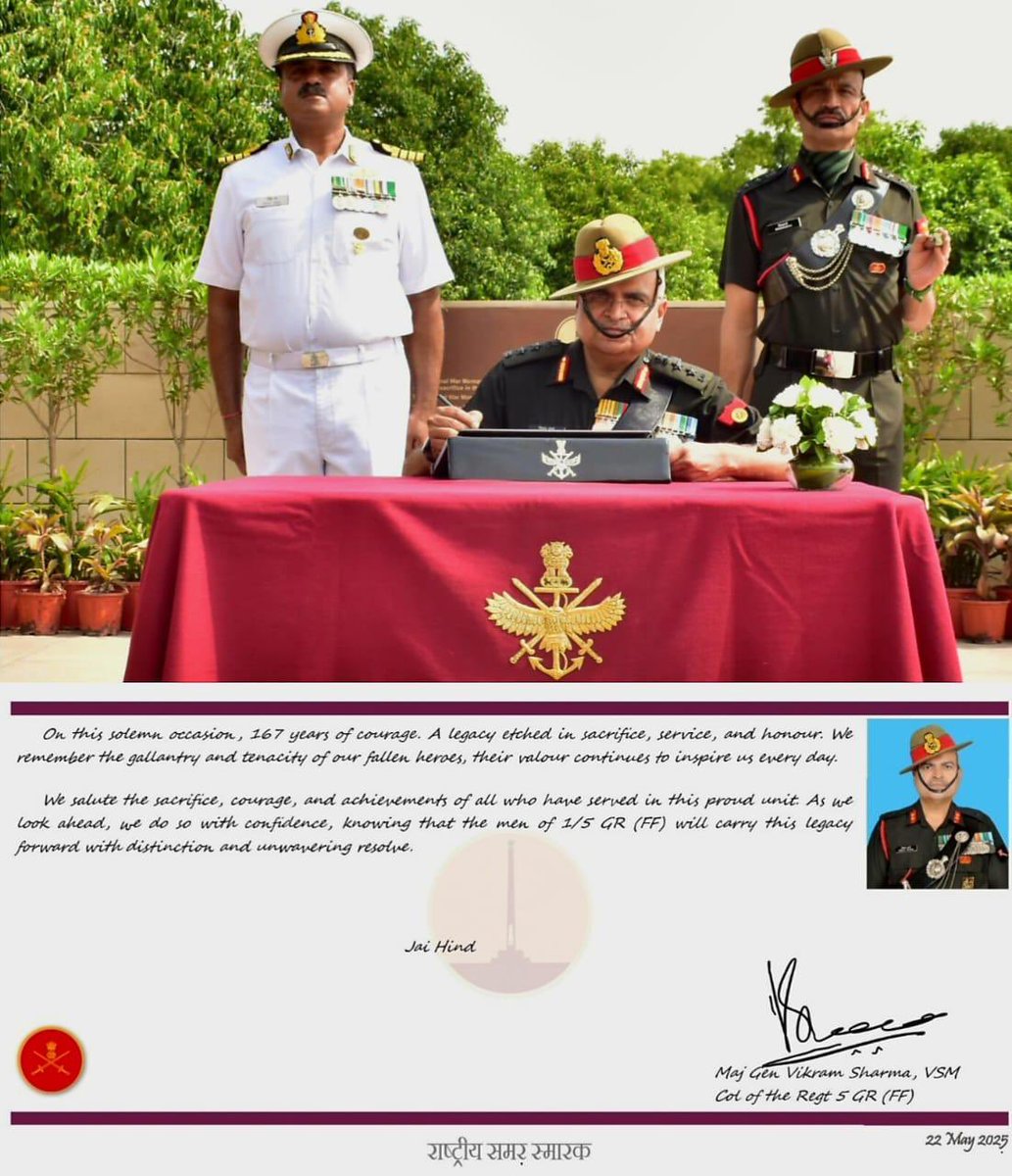 salute2soldier's tweet photo. In a solemn tribute to fallen comrades, serving personnel, veterans, and families stood in heartfelt unity as #MajGen Vikram Sharma, VSM, Colonel of the Regiment, paid homage at #AmarJawanJyoti on the 167th Raising Day of 1/5 GR. https://t.co/vZtoz8MwdB