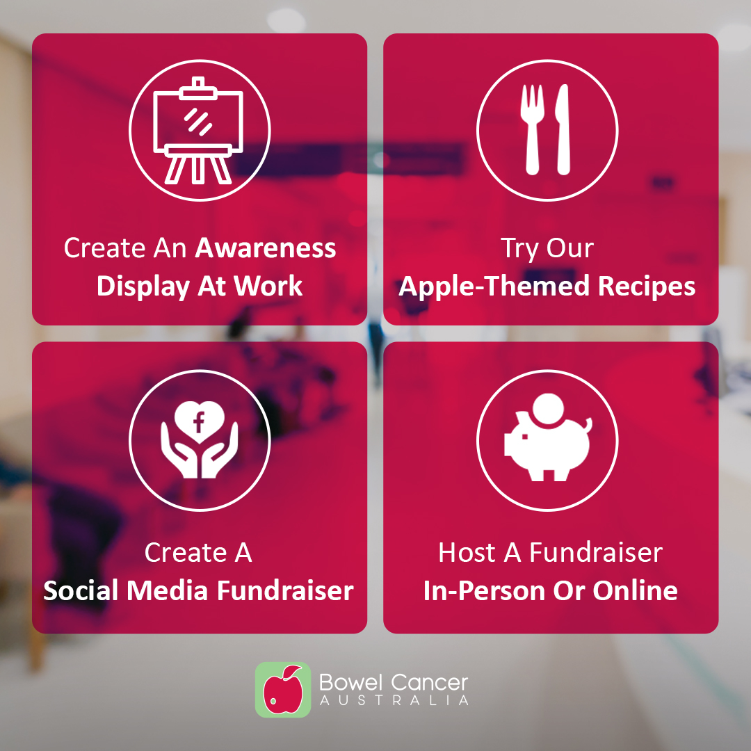 BowelCancerAust's tweet photo. Four ways you can get behind Bowel Cancer Awareness Month this June:

1. Order or download our free awareness resources and create a display in your workplace or community group.

2. Try out our apple-themed recipes. Available in high fibre versions, and low fibre (low residue) alternatives for people living with a stoma or recovering from bowel surgery.

3. Create a social media fundraiser on Facebook, Instagram or your platform of choice.

4. Host a fundraiser in-person or online throughout the month of June or on Red Apple Day (Wednesday June 18).

Head to our website or send us a DM for further details https://t.co/s5qoJ1HkHk

#BowelCancerAustralia #BowelCancerAwarenessMonth #RedAppleDay